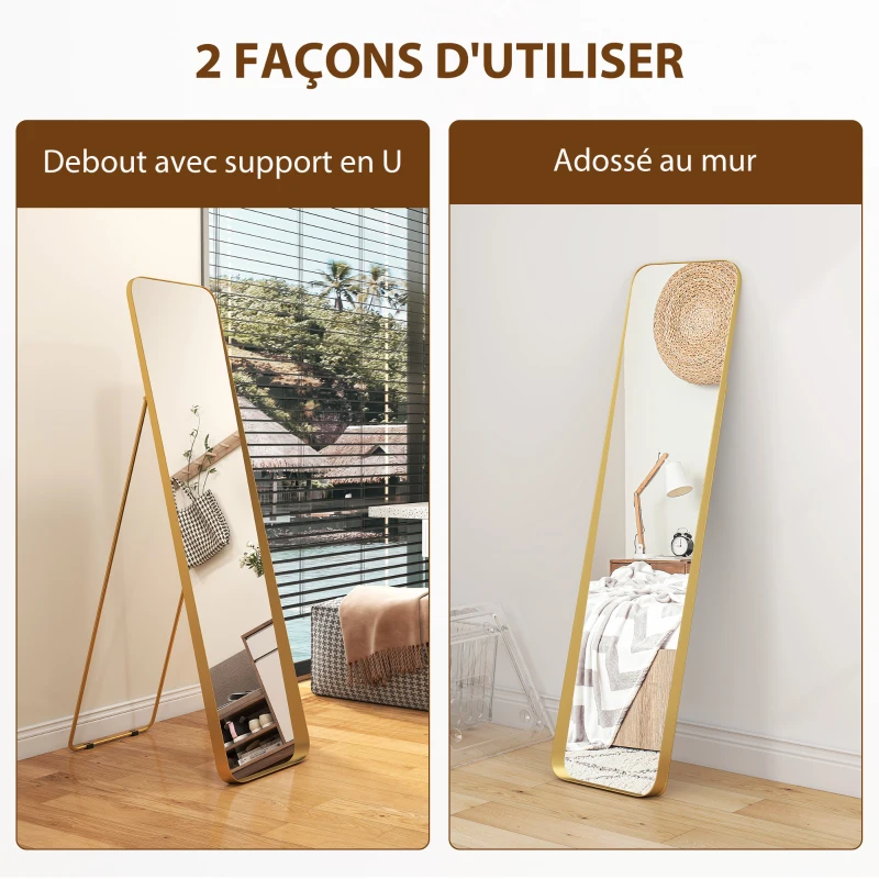HOMCOM Miroir en pied arqué 40 x 160 cm, montage au sol ou appuyé contre le mur, pour chambre à coucher salon dressing, doré