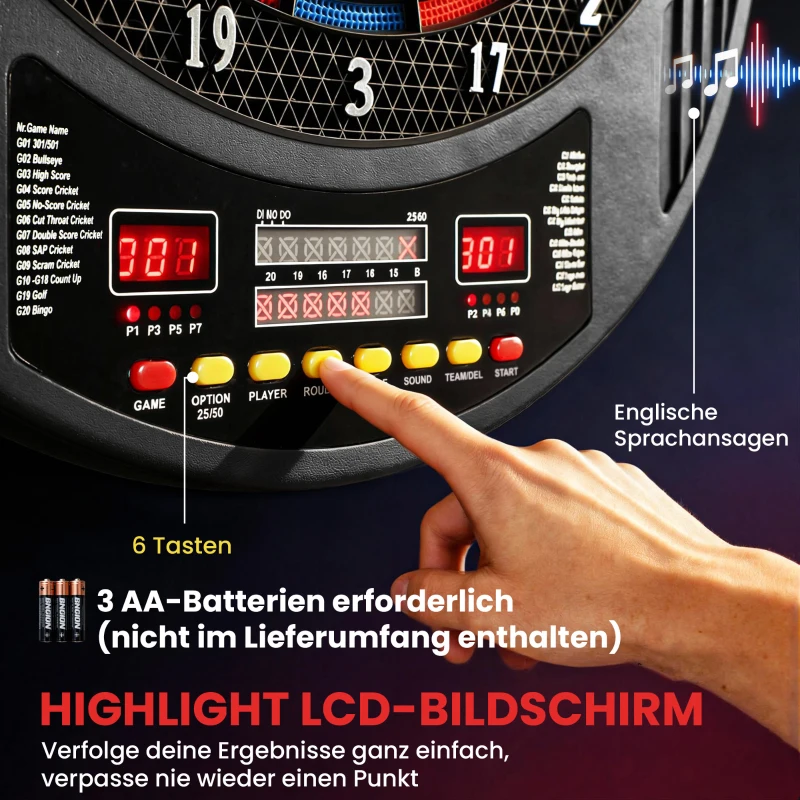 SPORTNOW Elektroniczna tarcza do darta dla 1-8 graczy, wyświetlacz LCD, 6 zestawów rzutków, kolorowa