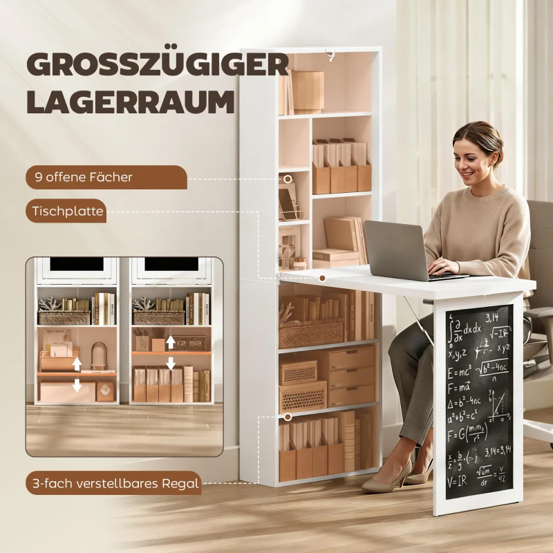 HOMCOM Schreibtisch Esstisch klappbar mit 6 Fächer Bücherregal mit 3 Regale Computertisch Bürotisch E1 Spanplatte Metallrahmen Weiß 98 x 51 x 153 cm