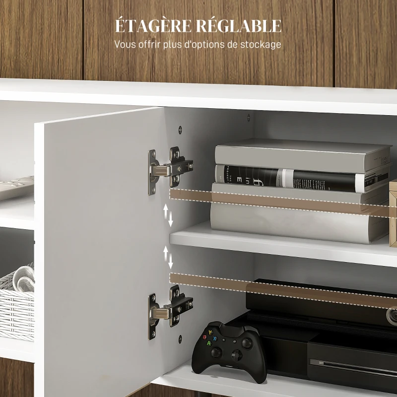 HOMCOM Meuble TV pour télévision jusqu'à 65 pouces avec 2 compartiments ouverts et 1 étagère réglable 145x38x65 cm Blanc