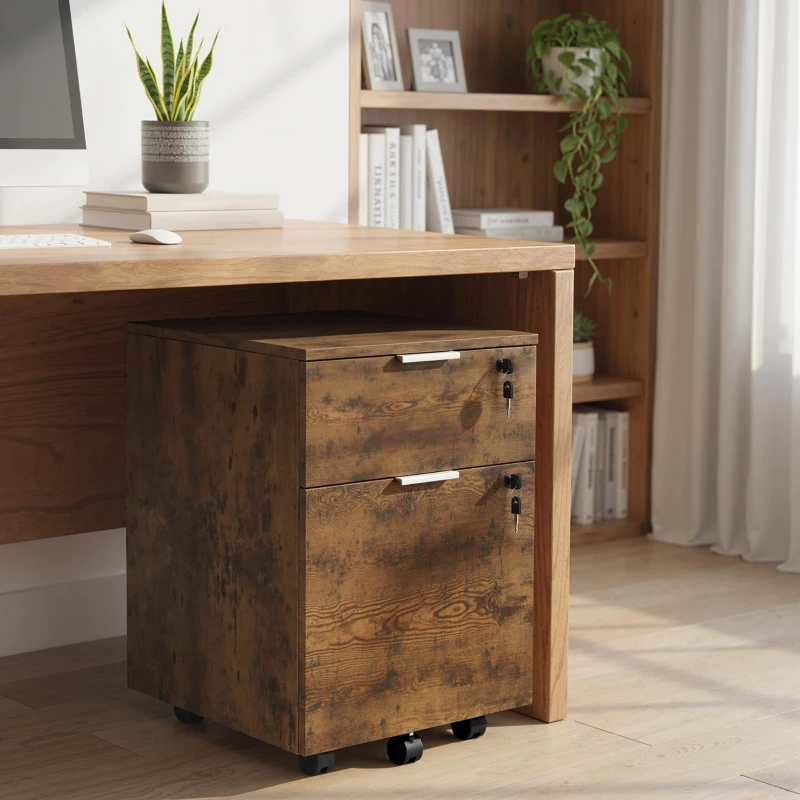 HOMCOM Two-Drawer Lockable Filing Cabinet - Black and Rustic Brown
