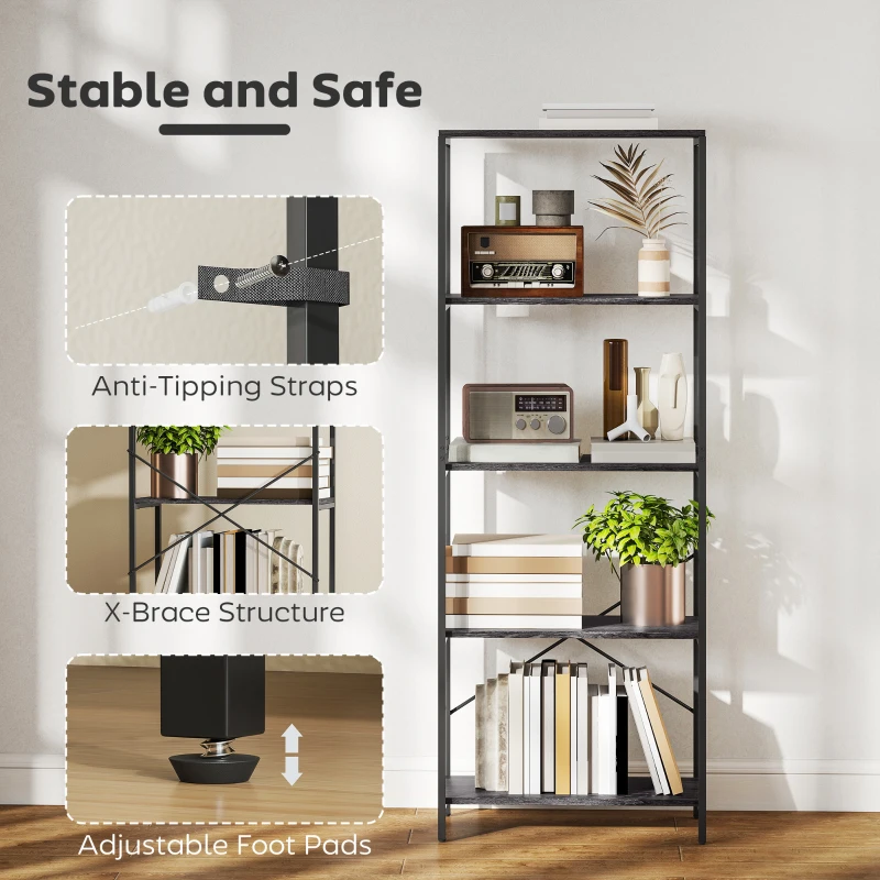 HOMCOM 5-Tier Bookshelf, Industrial Bookcase with Metal Frame - Dark Grey and Black