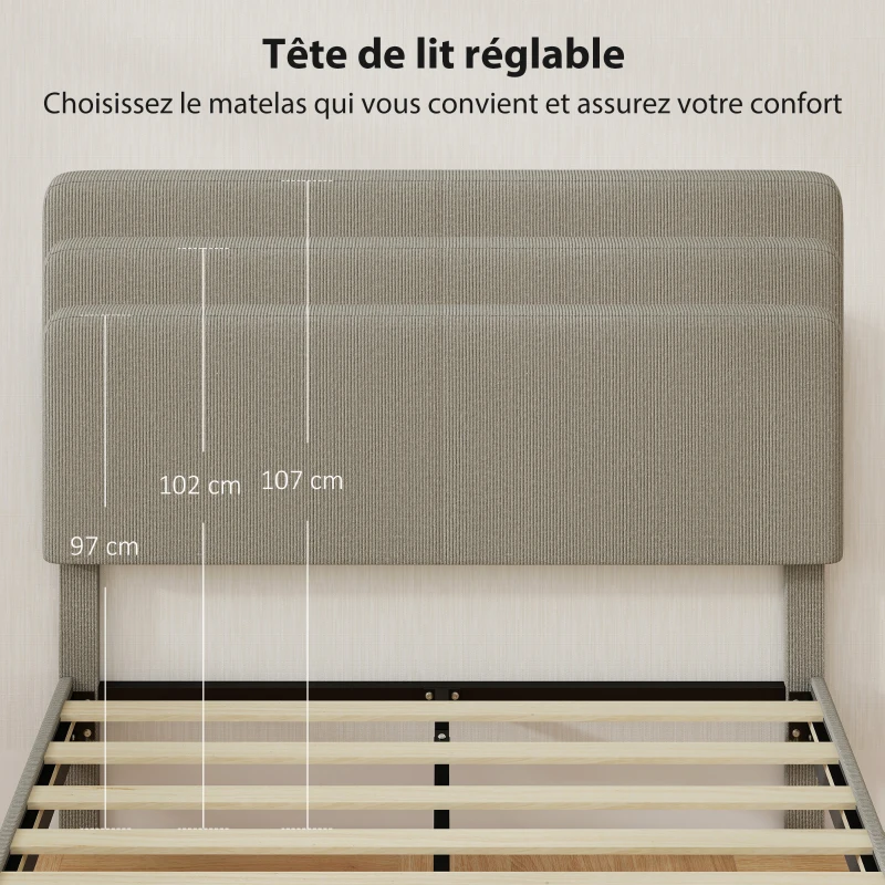 HOMCOM Cadre de lit 140 x 190 cm, sommier à lattes en bois, tête de lit réglable, lit double rembourré en velours côtelé, gris