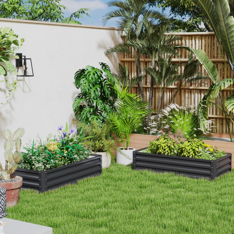 Outsunny Set de 2 paturi de grădină dreptunghiulare tablă ondulată din oțel 120 x 60 x 30,5 cm gri