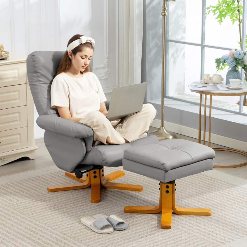 HOMCOM PU Leather Swivel Recliner Chair with Footstool, Wooden Base and Storage for Living Room, Light Grey