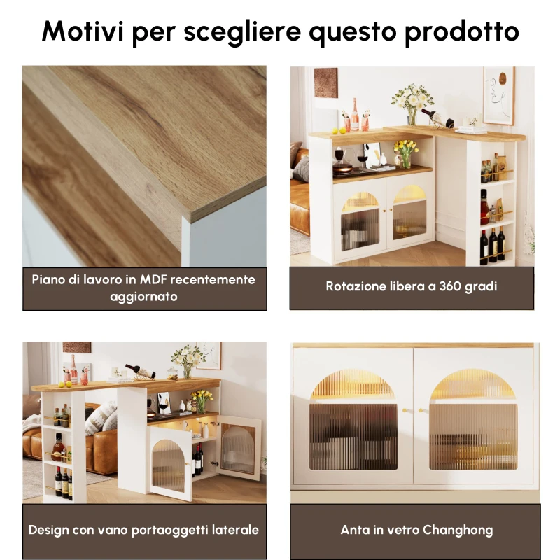 Moderno tavolo da bar allungabile,con spazio di stoccaggio, Rotabile, 138-193×39×105 cm, Bianco