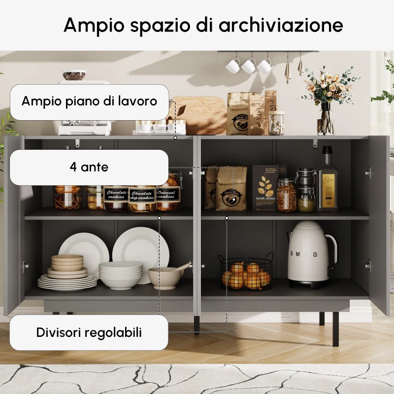 Mobile da pranzo minimalista con 4 ante e ripiani regolabili, 140x38,5x82.5 cm, Grigio
