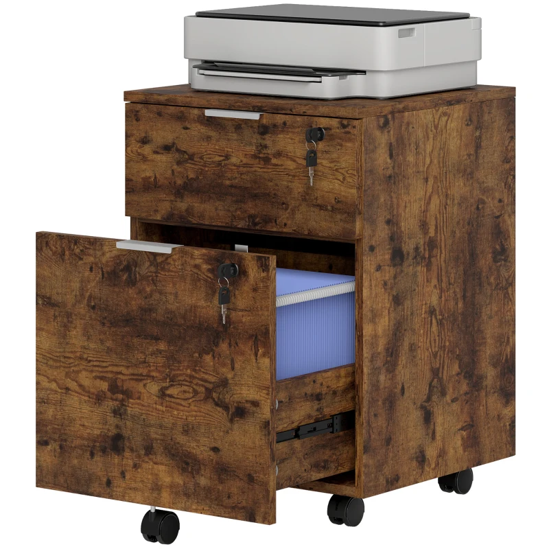 HOMCOM Two-Drawer Lockable Filing Cabinet - Black and Rustic Brown