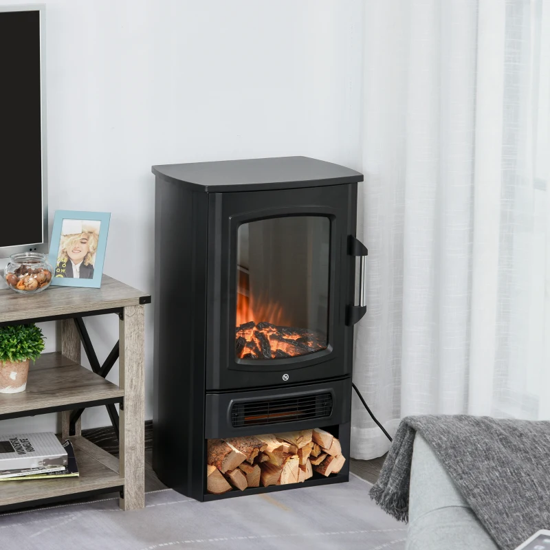 HOMCOM Camino Elettrico con Fiamma Realistica, Caminetto Elettrico con Portalegna, Protezione da Surriscaldamento, Termostato, Temperatura Regolabile, Riscalda 20-25㎡, Acciaio Nero e Vetro Temperato