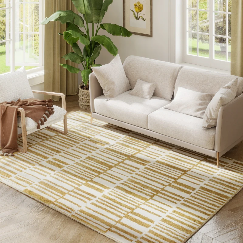 HOMCOM Tapis salon 200 x 140 cm poils courts lavable en machine hypoallergénique pour salon, chambre à coucher, bureau, jaune