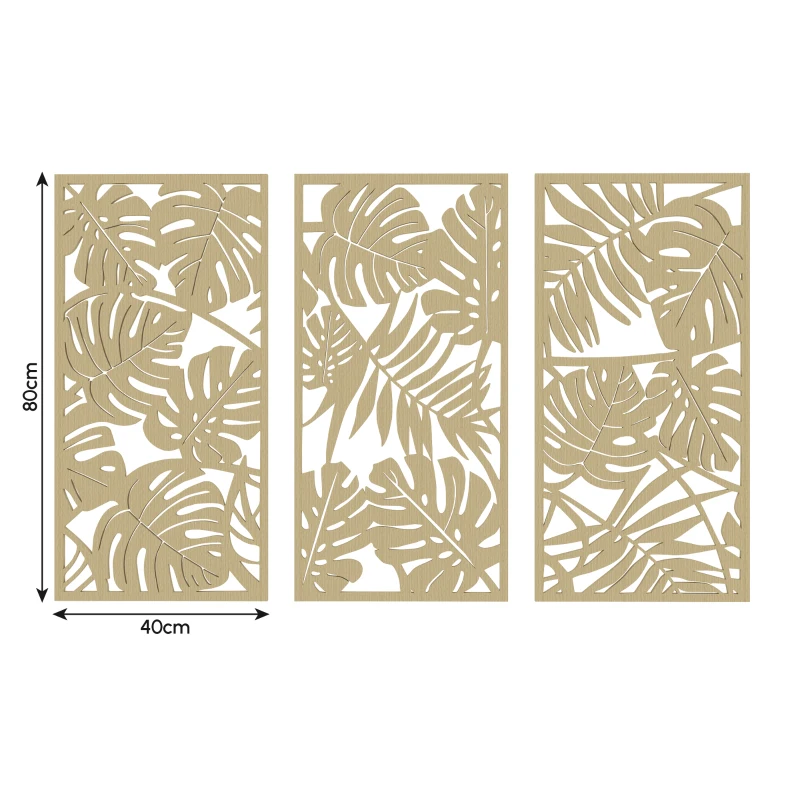 HOMCOM Set aus 3 3D-Wanddekorationen aus Holz, 40 x 80 cm, tropische Blätter, natürliche Holzoptik