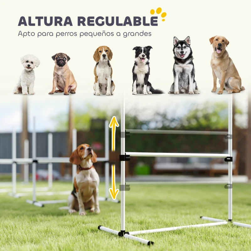 PawHut Set de Entrenamiento de Agilidad para Perros Mascotas 4 Piezas Obstáculos Vallas de Salto con Altura Ajustable y Bolsa de Transporte para Exteriores 99x65x94 cm Blanco