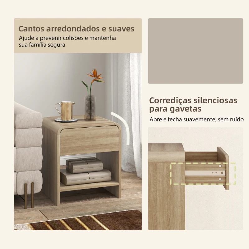 HOMCOM Conjunto de 2 Mesas de Cabeceira Nórdicas com Cantos Arredondados Gaveta e Prateleira Aberta 40x35x45 cm Madeira