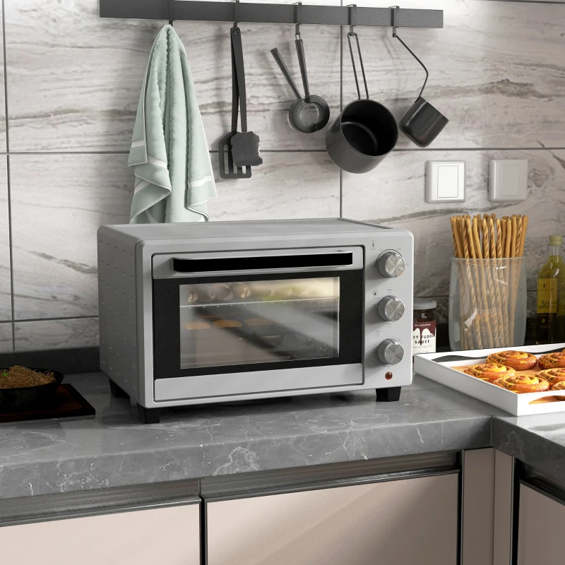 HOMCOM Minioven, 21L, 3 Kookmodi, 100°C-230°C, Rost & Plaat, Roestvrijstaal/Glas, Zilver