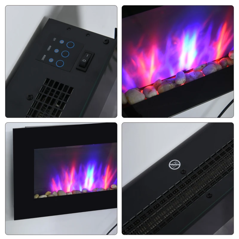HOMCOM Elektrische Wandhaard, 1000W/2000W, LED-Vlameffect, Afstandsbediening, Stijlvol Uiterlijk, met Verwarmingsfunctie(m-12)