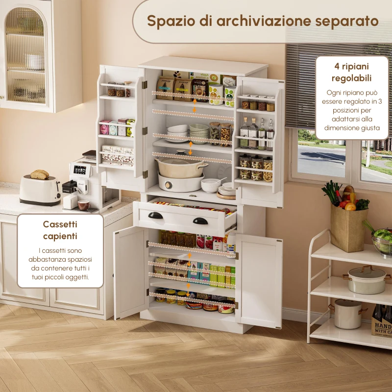 Armadio contenitore moderno con 4 ante e 1 cassetto, 6 ripiani portaoggetti e 4 ripiani regolabili, adatto per cucina, sala da pranzo e soggiorno, 80x40x182 cm, Bianco
