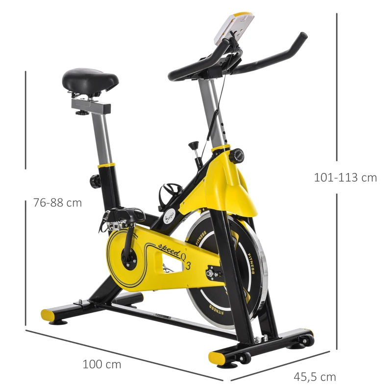 HOMCOM fietstrainer in hoogte verstelbare hometrainer fitness fiets rollertrainer met riemaandrijving LCD display staal ABS geel + zwart 50 x 100 x 101-113 cm