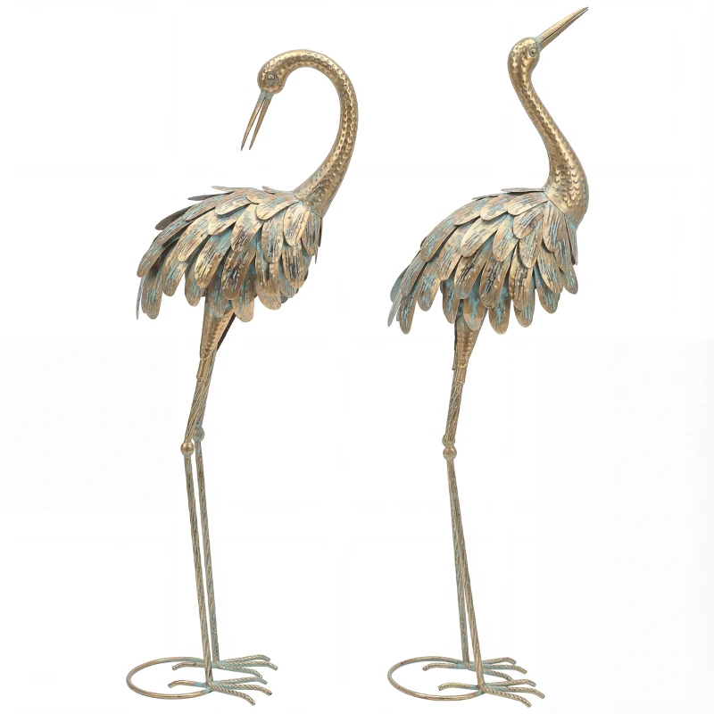 Outsunny Set of 2 Garden Statues, Metal Heron Sculpture, Bird Statues 91/95 cm, for Yard, Pond, Patio, gold/blue