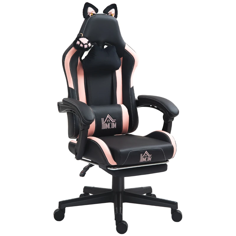 HOMCOM Gamingfauteuil met kattenoortjes, kantelbare rugleuning, uitschuifbare voetsteun, tot 120 kg, Roze/Zwart