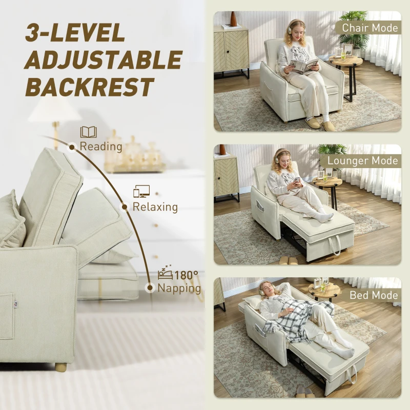 HOMCOM Slaapfauteuil 3-in-1 omvormbare fauteuil met bedfunctie, lendenkussen, voor woonkamer crèmewit