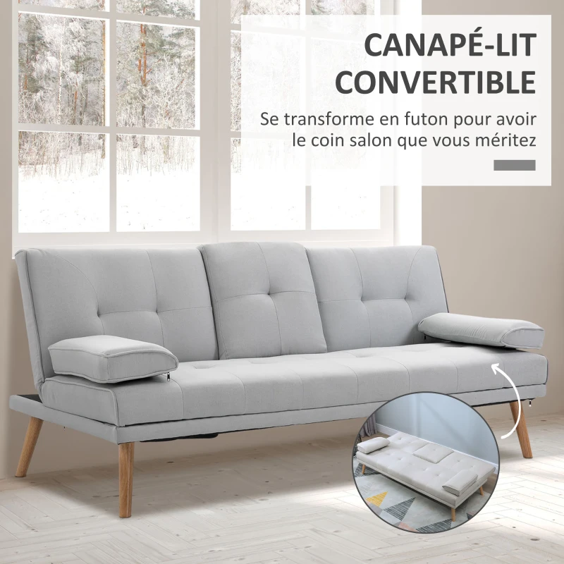 HOMCOM Canapé convertible 3 places, canapé-lit rembourré avec dossier réglable 3 niveaux, 2 coussins et 2 porte-gobelets intégrés, tissu de lin, pour salon, chambre d'amis, petit espace, gris clair