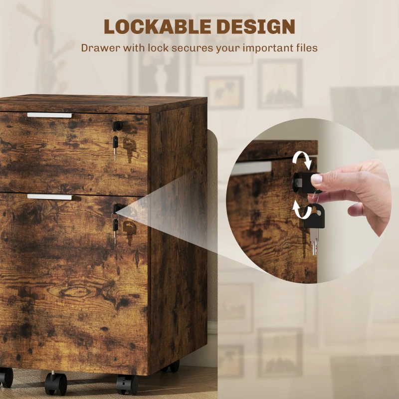HOMCOM Two-Drawer Lockable Filing Cabinet - Black and Rustic Brown