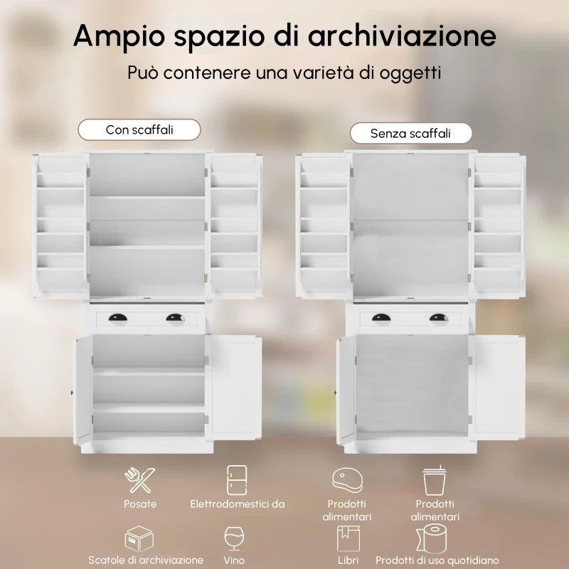 Armadio contenitore moderno con 4 ante e 1 cassetto, 6 ripiani portaoggetti e 4 ripiani regolabili, adatto per cucina, sala da pranzo e soggiorno, 80x40x182 cm, Bianco