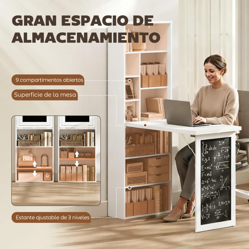 HOMCOM Escritorio Plegable con Estantería Mesa de Oficina con Pizarra y Múltiples Estantes Convertible con Baldas Ajustables 98x51x153 cm Blanco