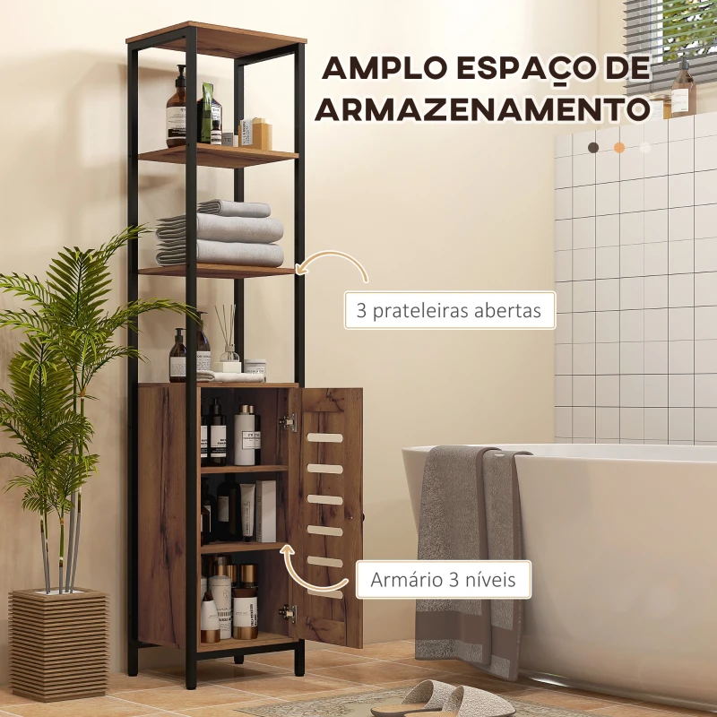 kleankin Coluna Casa de Banho Armário Alto Casa de Banho Estreito com Porta de Ripas Prateleiras Ajustáveis 37x30x167 cm Castanho Rústico