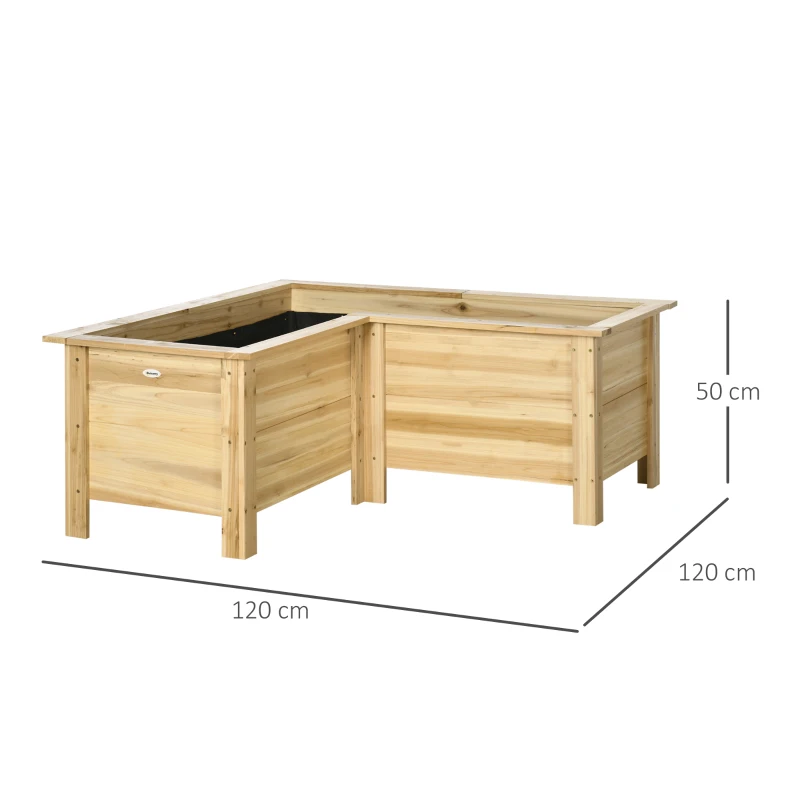 Outsunny Fioriera Rialzata in Legno Vaso da Esterno a Forma di L con Tessuto Non Tessuto Orto Urbano 120x120x50 cm Naturale
