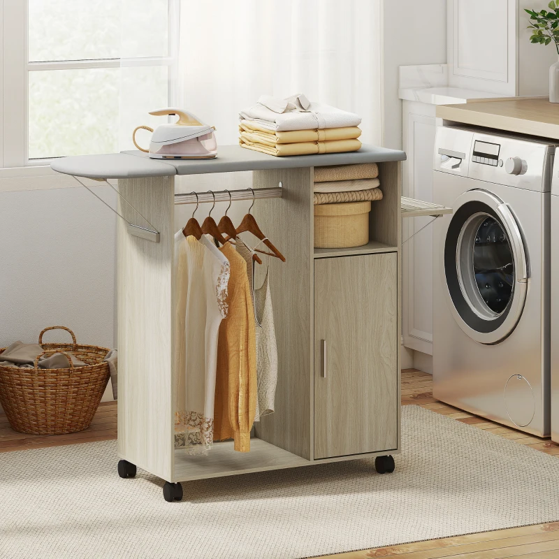 HOMCOM Mobile Asse da Stiro con Piano d'Appoggio Effetto Lino, 3 Ripiani a Cubo e Guida, 127x42.5x99 cm, Multicolore
