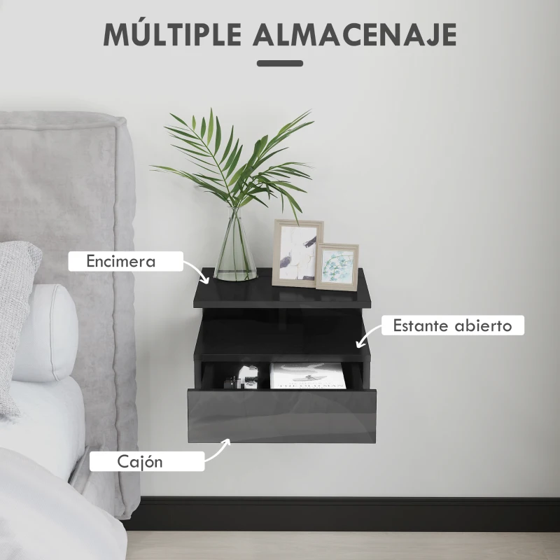 HOMCOM 2 Mesitas de Noche Flotantes con 1 Cajón y Estante Abierto Diseño Moderno 35x32x22,5 cm Negro Brillo