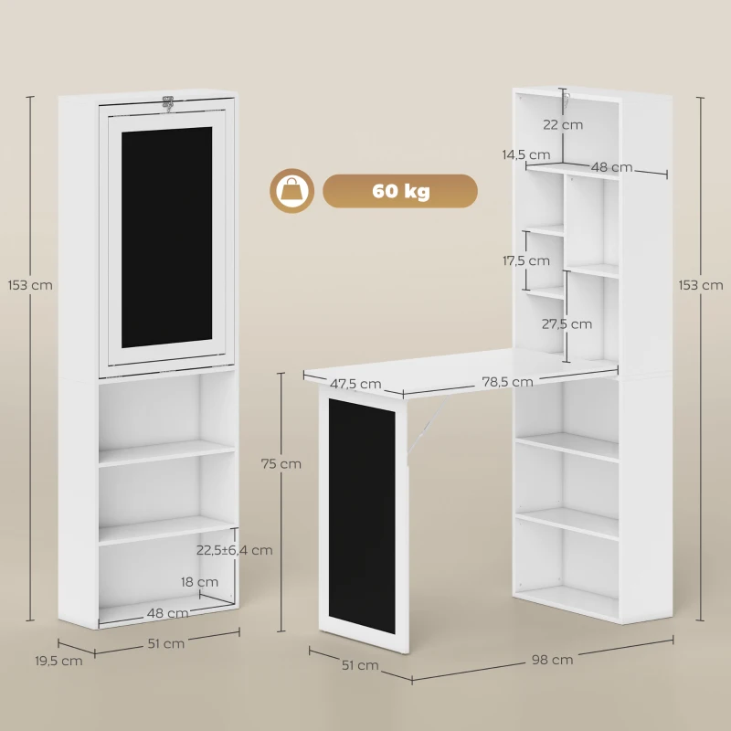 HOMCOM Escritorio Plegable con Estantería Mesa de Oficina con Pizarra y Múltiples Estantes Convertible con Baldas Ajustables 98x51x153 cm Blanco