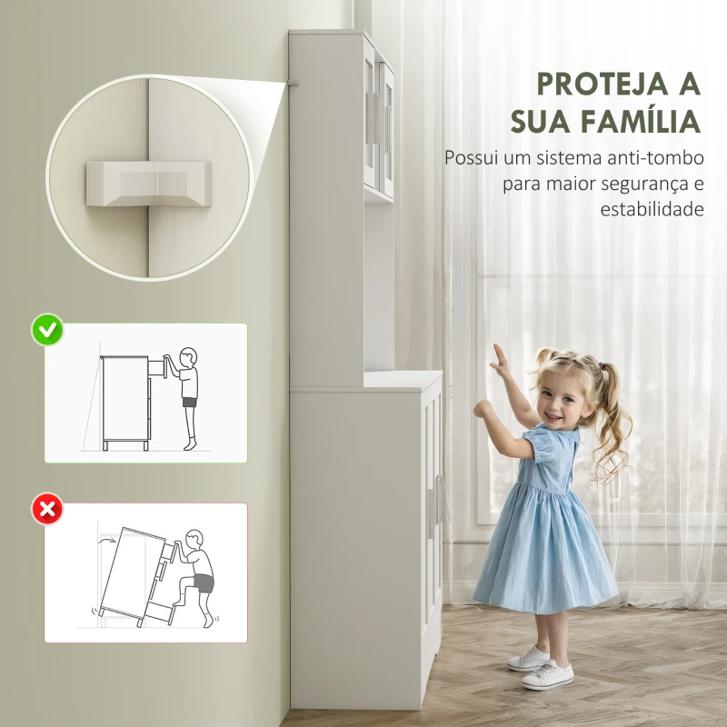 HOMCOM Armário de Cozinha com 2 Portas de Vidro Bancada Ampla para Micro-ondas Compartimentos Abertos Prateleiras Ajustáveis Branco