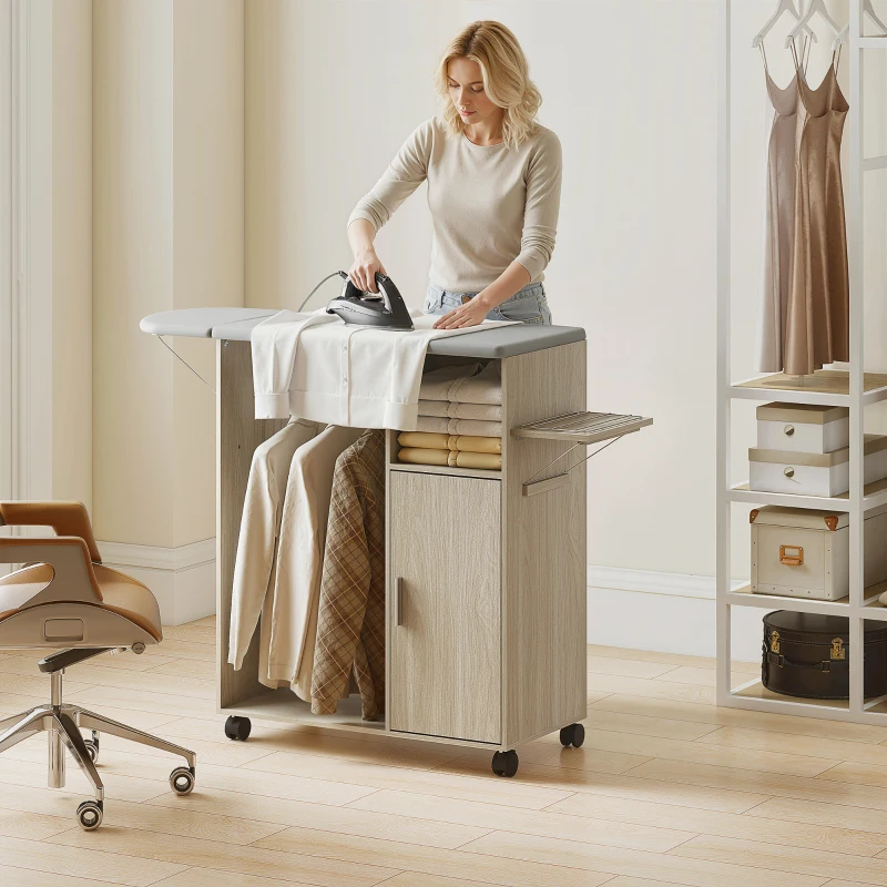 HOMCOM Mobile Asse da Stiro con Piano d'Appoggio Effetto Lino, 3 Ripiani a Cubo e Guida, 127x42.5x99 cm, Multicolore