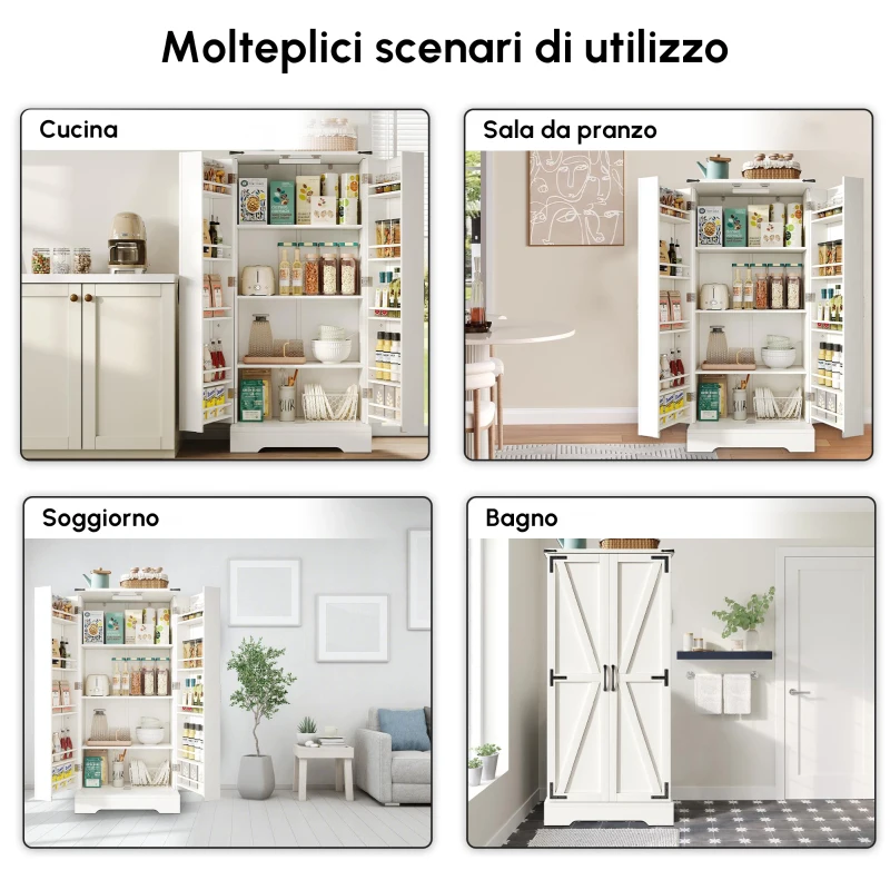 Armadio da cucina in stile country con illuminazione LED e ripiani regolabili, 60x35x128,5 cm, Bianco