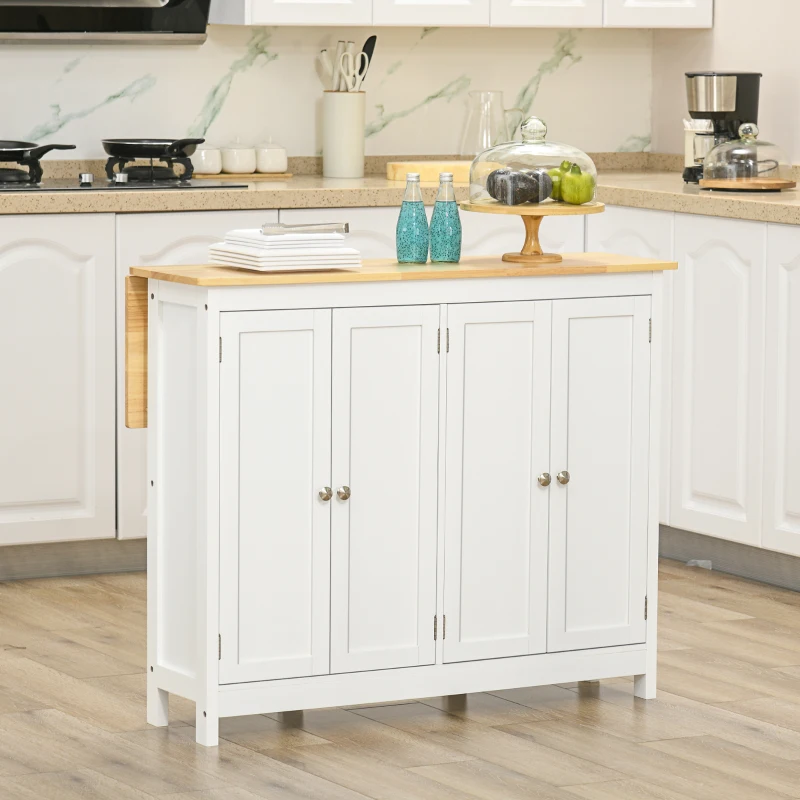 HOMCOM Desserte îlot de cuisine avec 2 tabourets plan de travail rabattable 2 placards avec 4 portes design moderne blanc