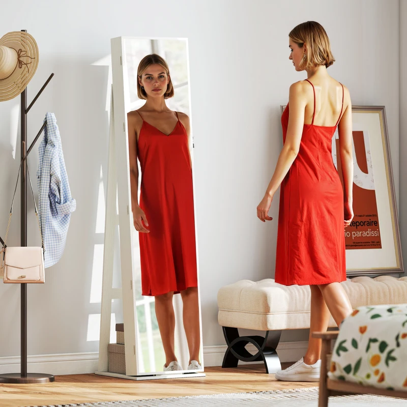 HOMCOM Espejo Joyero de Pie Armario Joyero con Luces LED y Cerradura Armario de Joyas con Espejo Integrada para Dormitorio Blanco con Veta de Madera