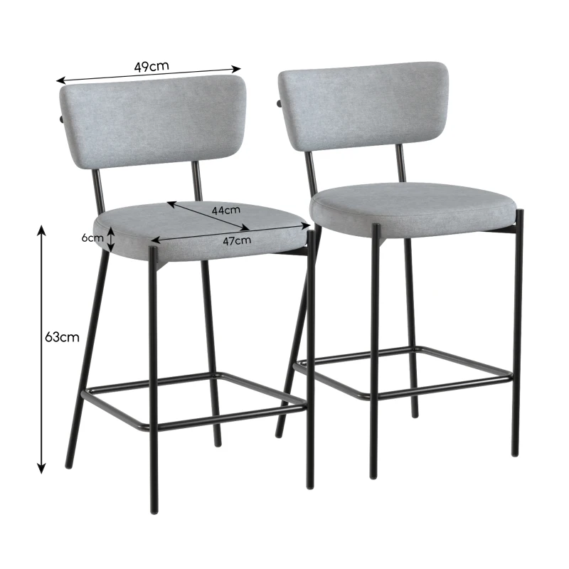 HOMCOM Pack de 2 taburetes de bar, sillas de bar, asiento acolchado, respaldo curvado y reposapiés, 49 x 53 x 93 cm, gris