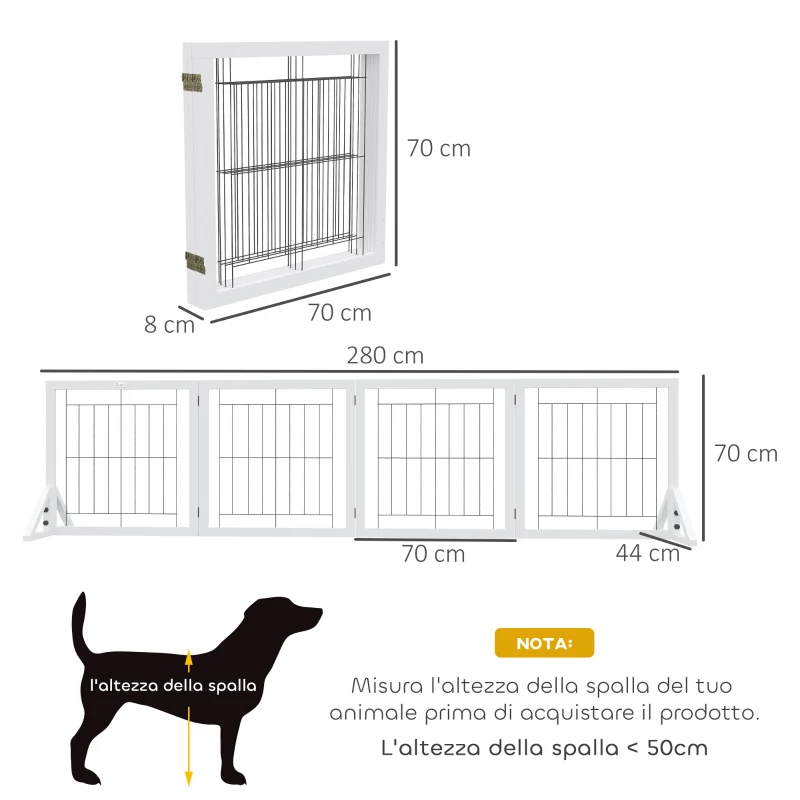 PawHut Cancellino per Cani Pieghevole con 4 Pannelli e Piedini Triangolari, 280x70 cm, Bianco