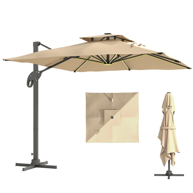 Outsunny Parasol déporté LED carré double toit inclinable pivotant 360° manivelle piètement acier dim. 3L x 3l x 2,66H m beige