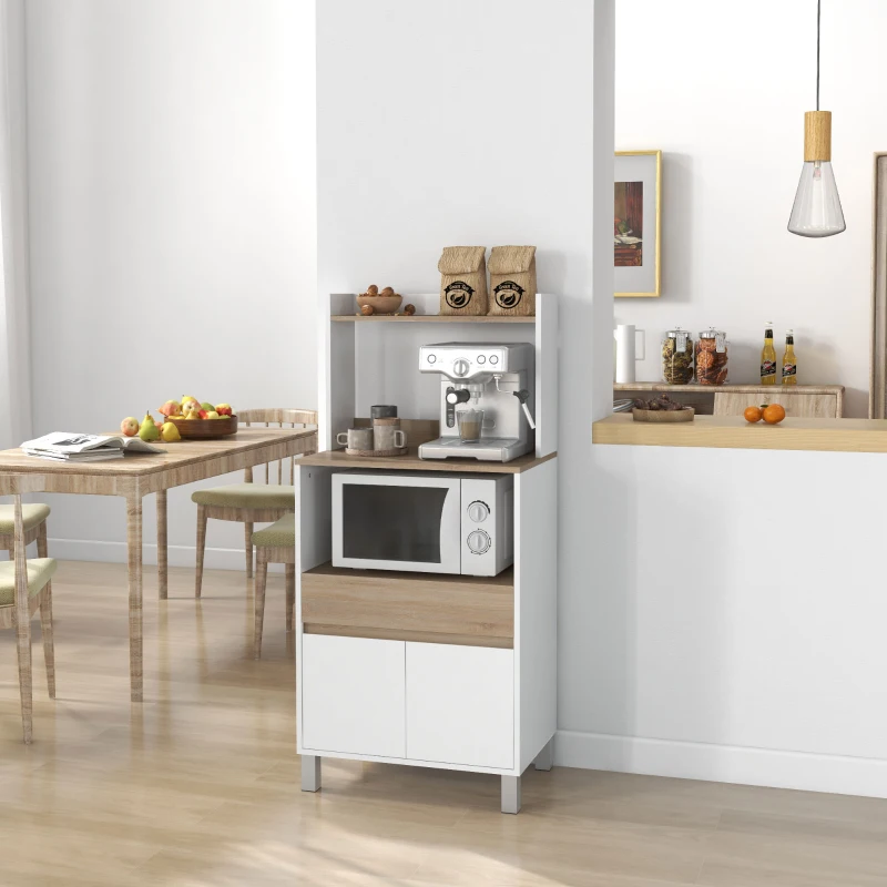 HOMCOM Meuble desserte de cuisine pour micro-ondes avec placard tiroir étagère supérieur 60 x 40 x 131 cm naturel et blanc