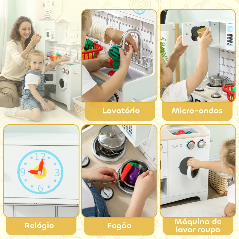 AIYAPLAY Cozinha de Madeira com Som Cozinha de Brincar com Acessórios em Aço Inoxidável Máquina de Lavar Micro-Ondas, Lava-Loiça 79,5x24x94 cm Branco