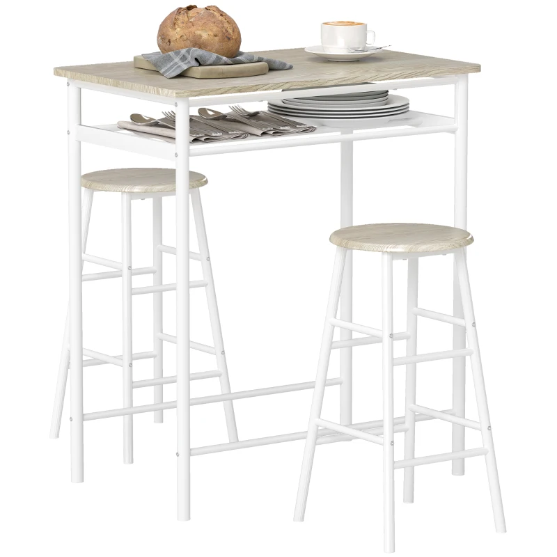 HOMCOM Conjunto de Móvel Bar com Mesa Alta e 2 Bancos com Prateleira de Armazenamento e Estrutura de Metal 80x50x90cm Branco e Madeira
