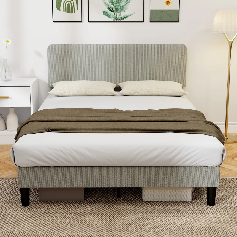 HOMCOM Cadre de lit 140 x 190 cm, sommier à lattes en bois, tête de lit réglable, lit double rembourré en velours côtelé, gris