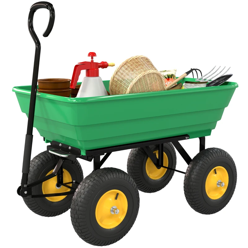 Outsunny Carro de Jardín Inclinable hasta 75° con Mango Ajustable y 4 Neumáticos Capacidad Max.75 L Acero 109x52x94 cm Verde