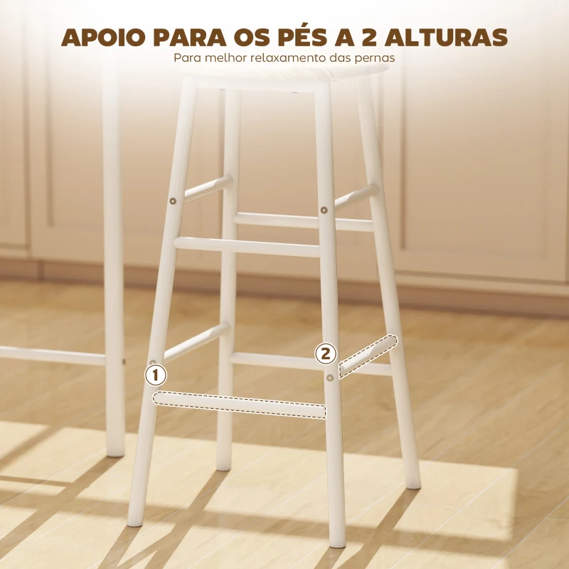 HOMCOM Conjunto de Móvel Bar com Mesa Alta e 2 Bancos com Prateleira de Armazenamento e Estrutura de Metal 80x50x90cm Branco e Madeira