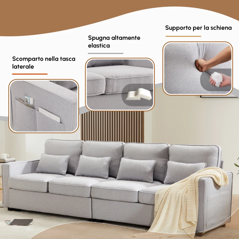 Divano Moderno a 4 Posti in Tessuto di Lino con Tasche sui Braccioli e 4 Cuscini Lombari, Adatto per Soggiorno e Ufficio, 264x83x87 cm, Grigio