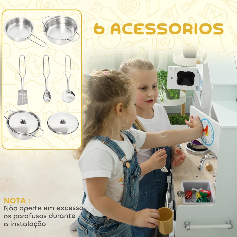 AIYAPLAY Cozinha de Madeira com Som Cozinha de Brincar com Acessórios em Aço Inoxidável Máquina de Lavar Micro-Ondas, Lava-Loiça 79,5x24x94 cm Branco