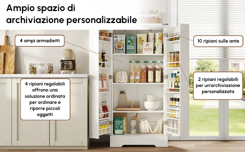 Armadio da cucina in stile country con illuminazione LED e ripiani regolabili, 60x35x128,5 cm, Bianco